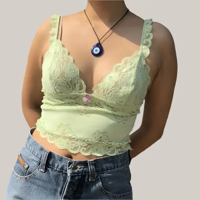 Green V-neck slim lace tank tops