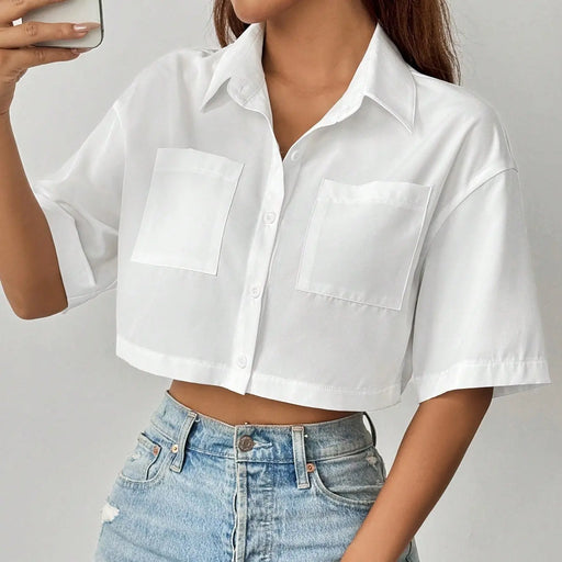 Shoulder Pocket Patched Crop Shirt