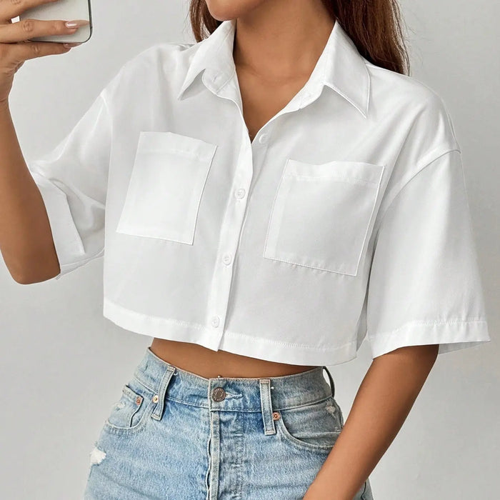 Shoulder Pocket Patched Crop Shirt