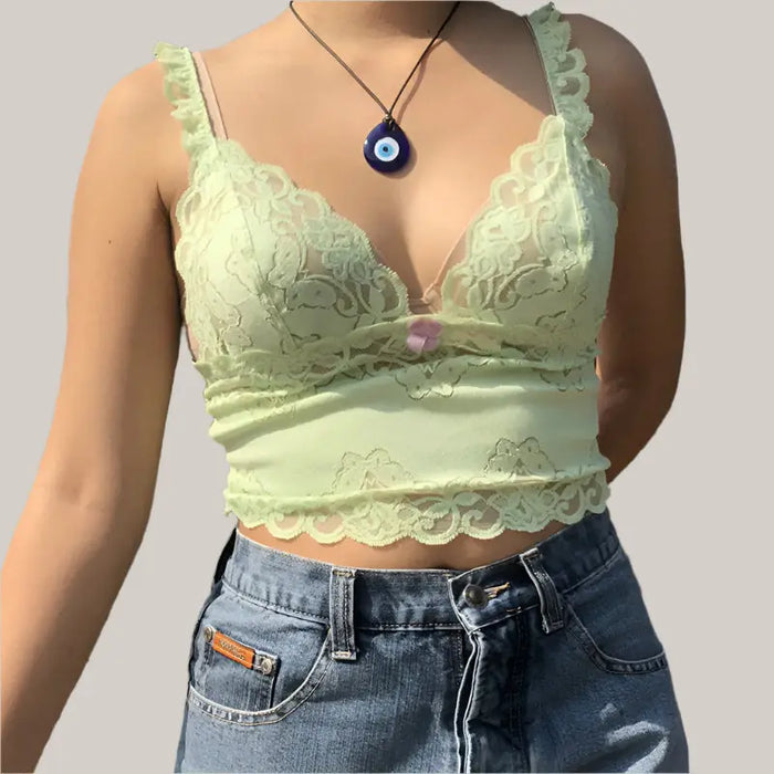 Green V-neck slim lace tank tops