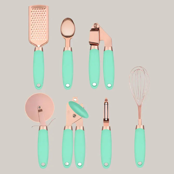 7-Piece Rose Gold Stainless Steel Kitchen Utensil Set Mint Green