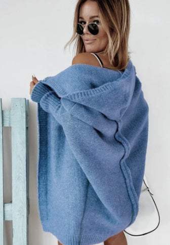Women’s Knitted Hooded Cardigan – Loose Batwing Sleeve Winter Sweater