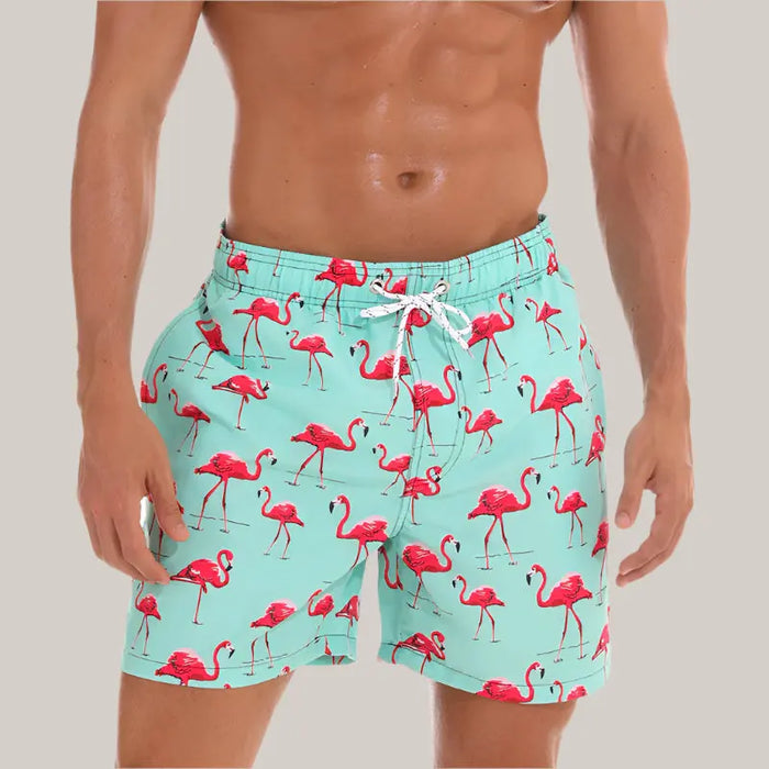 Beach shorts man Green flamingos