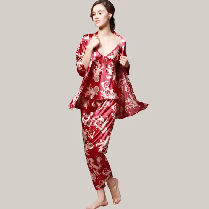 Three-piece silk pajamas for women Red