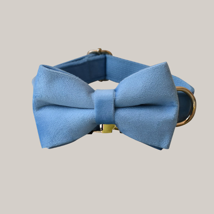 Blue Velvet Dog Collar and Leash Set Bow collar