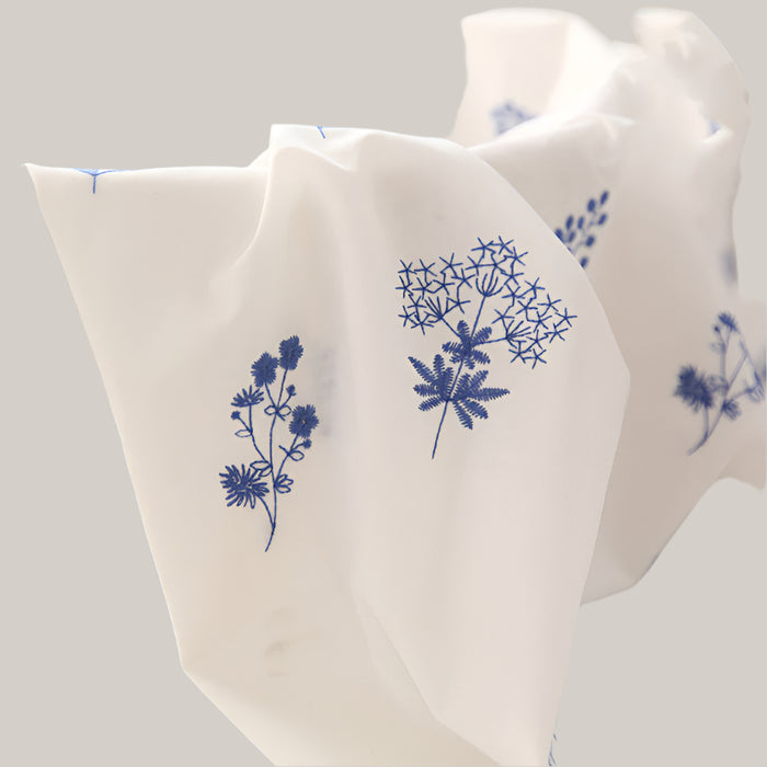 Blue Floral Embroidered Cotton Fabric, 150 × 50 cm Blue flowers on white