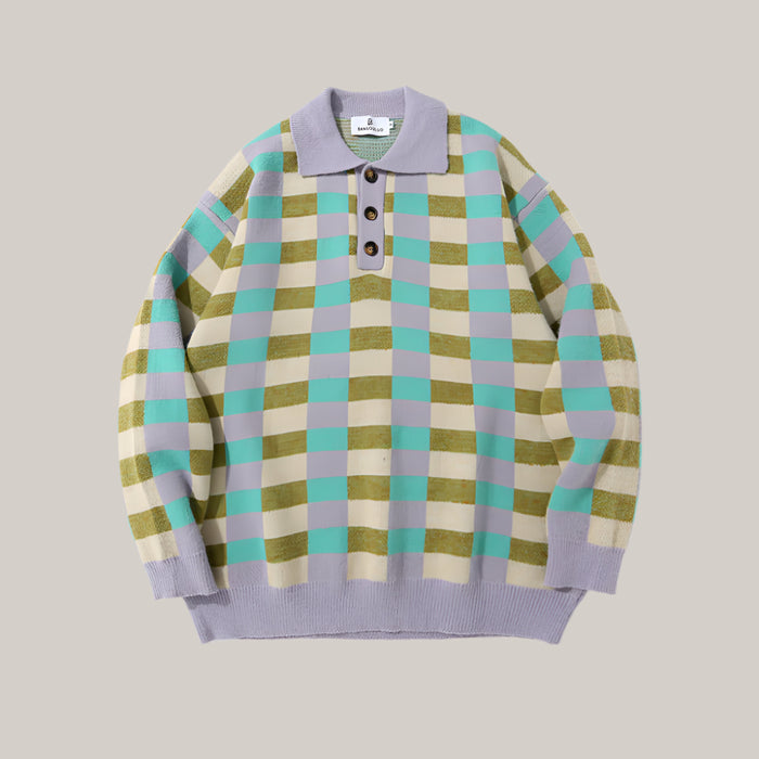 Checkered Polo Collar Sweater For Men