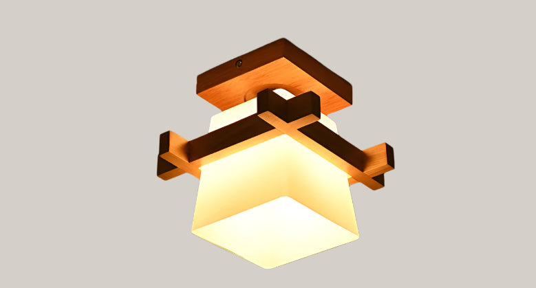 Rubberwood and Glass LED Ceiling Lamp, 23 cm