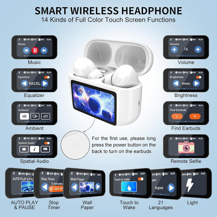 A9Pro Smart Touch Screen Wireless Earbuds – Bluetooth 5.4, ANC/ENC, Hi-Fi Sound