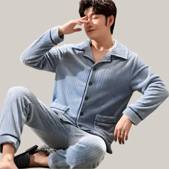 Men's Long-sleeved Flannel Warm Men's Pajamas Gray Blue Strip CK215