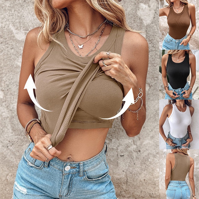 Women’s Round Neck Vest with Built-In Bra – Solid Color Sleeveless Top