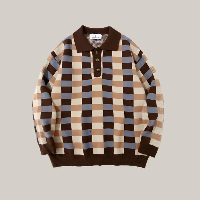 Checkered Polo Collar Sweater For Men