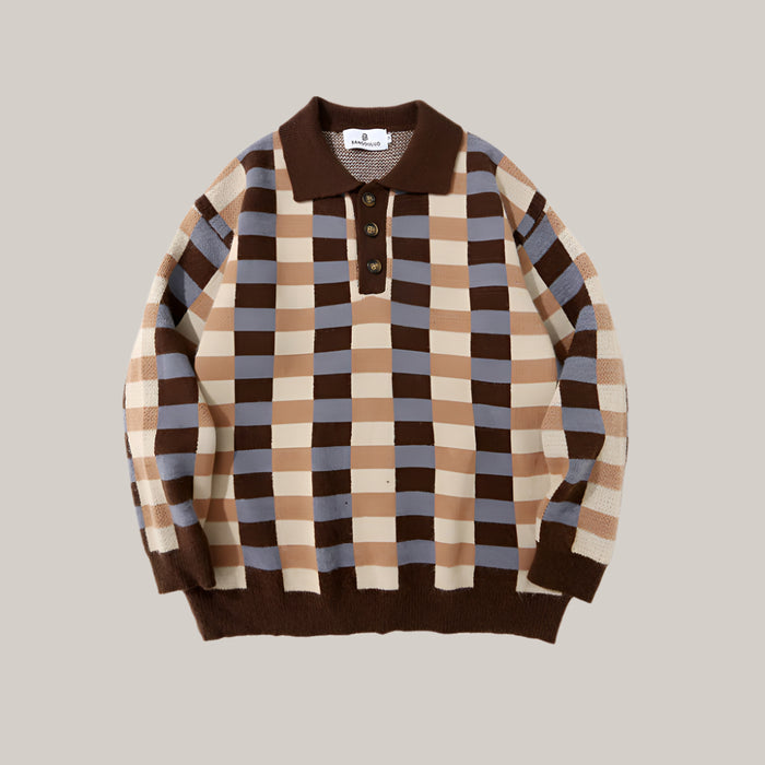 Checkered Polo Collar Sweater For Men