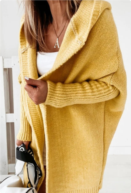 Women’s Knitted Hooded Cardigan – Loose Batwing Sleeve Winter Sweater