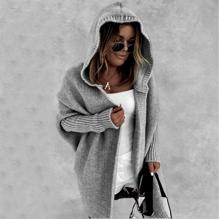 Women’s Knitted Hooded Cardigan – Loose Batwing Sleeve Winter Sweater
