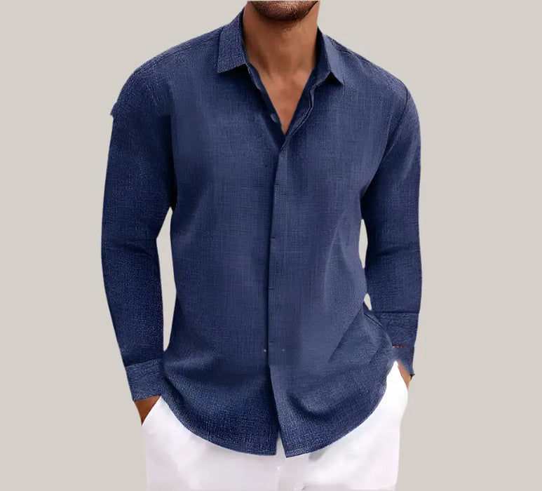 Long Sleeve LinenShirt Men Navy Blue