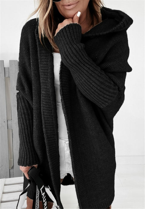 Women’s Knitted Hooded Cardigan – Loose Batwing Sleeve Winter Sweater