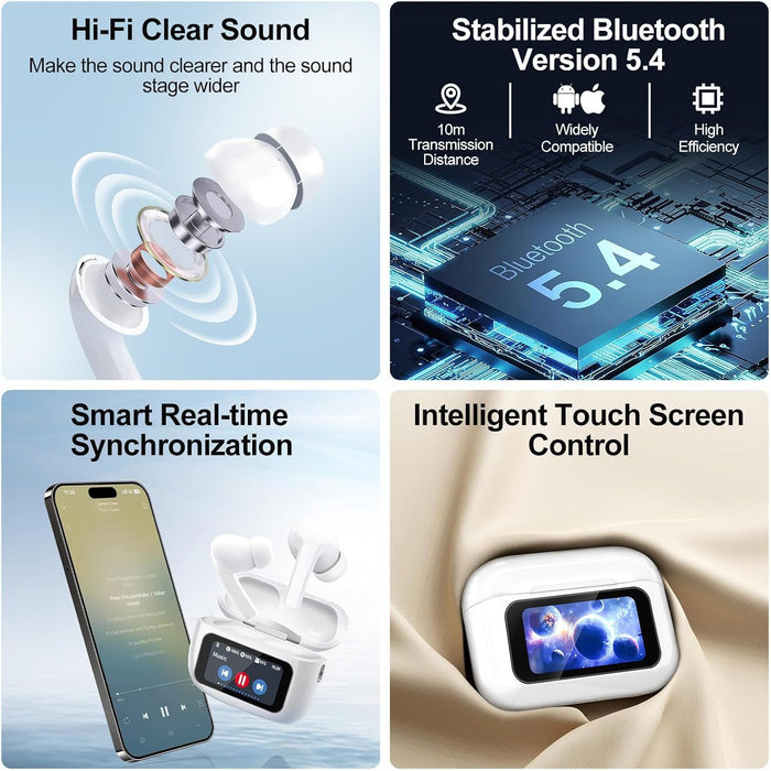 A9Pro Smart Touch Screen Wireless Earbuds – Bluetooth 5.4, ANC/ENC, Hi-Fi Sound