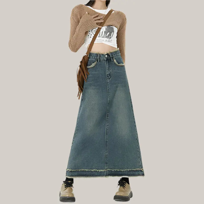 Retro Fashion Hip Denim Long Skirts Women Retro Blue