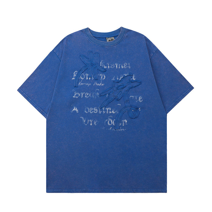 Flower Affixed Cloth Embroidered T-shirt