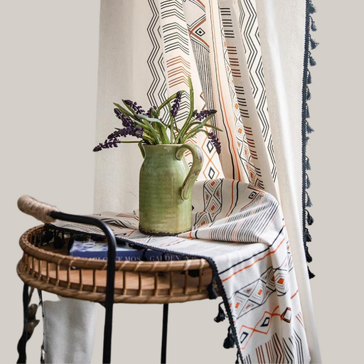Boho Cream Cotton And Linen Printched Cur Fabric Hook fringe curtains