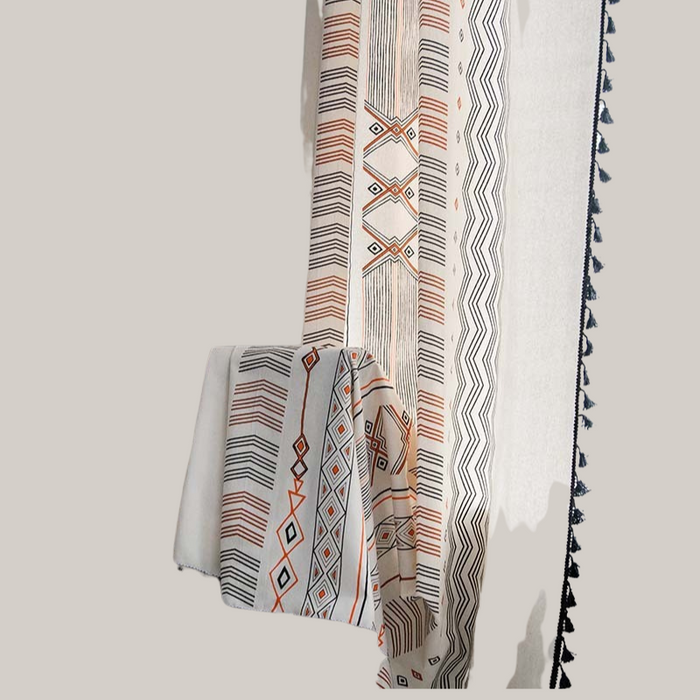 Boho Cream Cotton And Linen Printched Cur Fabric Perforated fringed curtains