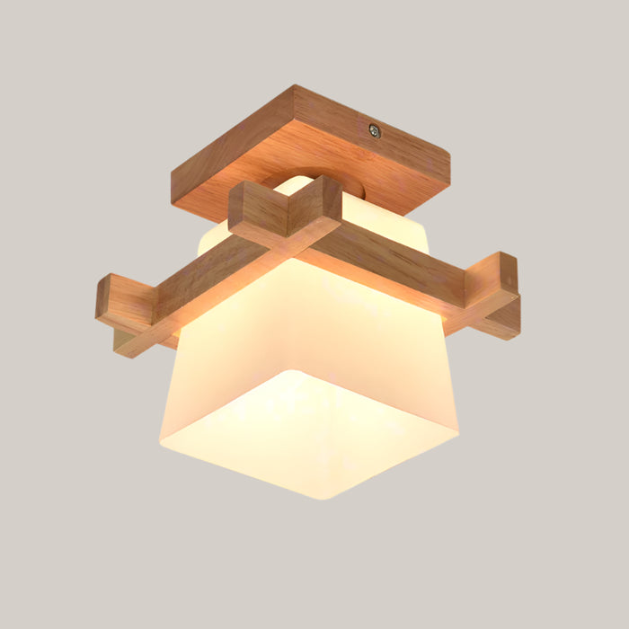 Rubberwood and Glass LED Ceiling Lamp, 23 cm