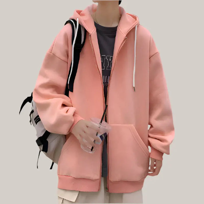 Mens Jackets Hooded Coats Casual Zipper Pink