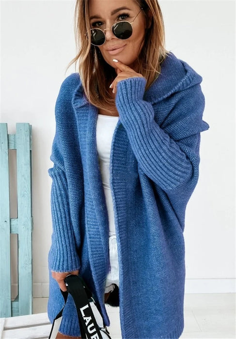 Women’s Knitted Hooded Cardigan – Loose Batwing Sleeve Winter Sweater