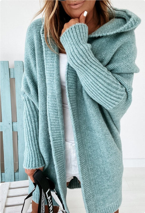 Women’s Knitted Hooded Cardigan – Loose Batwing Sleeve Winter Sweater