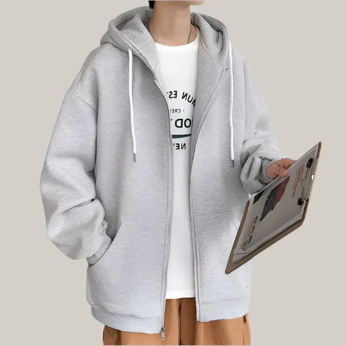 Mens Jackets Hooded Coats Casual Zipper Light Grey