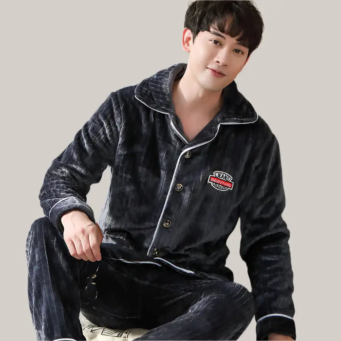Men's Long-sleeved Flannel Warm Men's Pajamas Gray Strip CK206