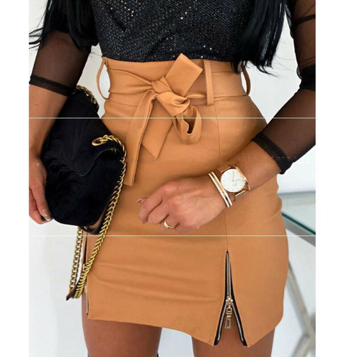 Women Bandage PU Leather Skirt