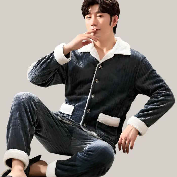 Men's Long-sleeved Flannel Warm Men's Pajamas Gray And White Strip CK217
