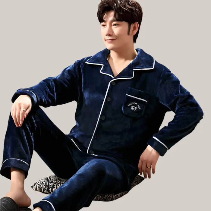Men's Long-sleeved Flannel Warm Men's Pajamas Navy Blue Crown K101