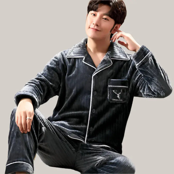 Men's Long-sleeved Flannel Warm Men's Pajamas Gray Strip Deer CK214