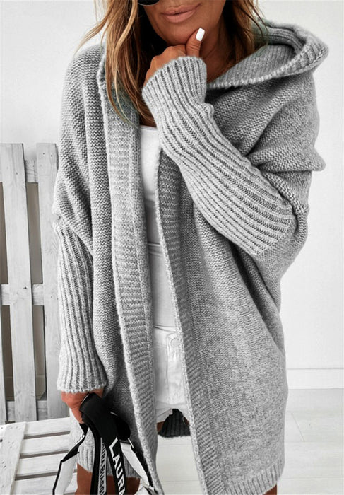 Women’s Knitted Hooded Cardigan – Loose Batwing Sleeve Winter Sweater