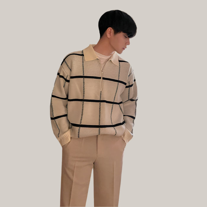 Check Lapel Knit Polo Shirt Men