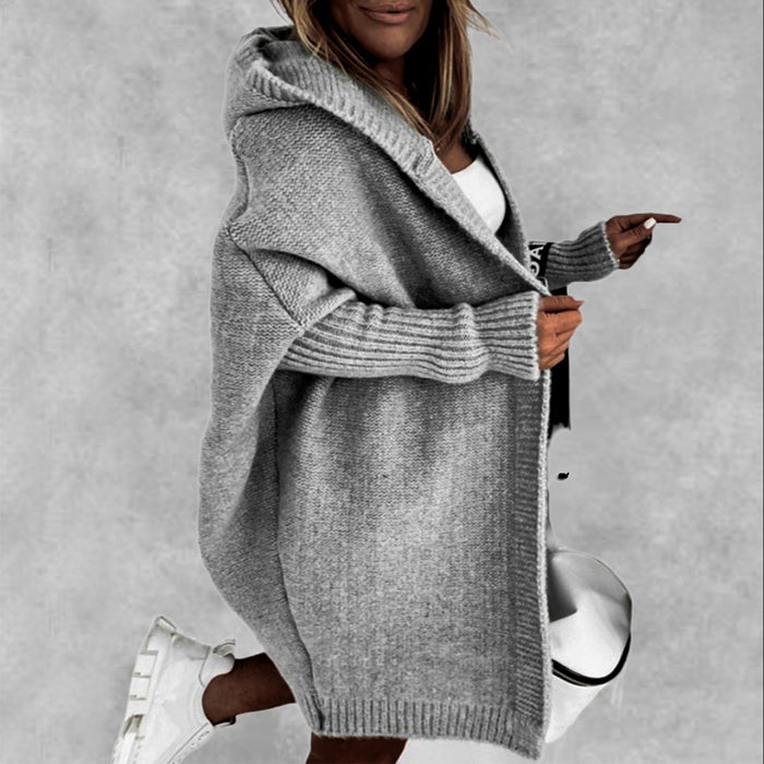 Women’s Knitted Hooded Cardigan – Loose Batwing Sleeve Winter Sweater