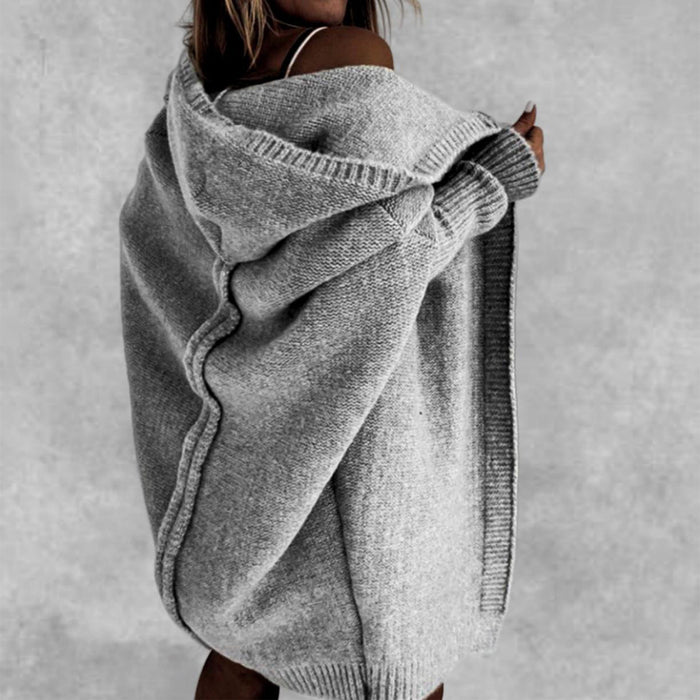 Women’s Knitted Hooded Cardigan – Loose Batwing Sleeve Winter Sweater