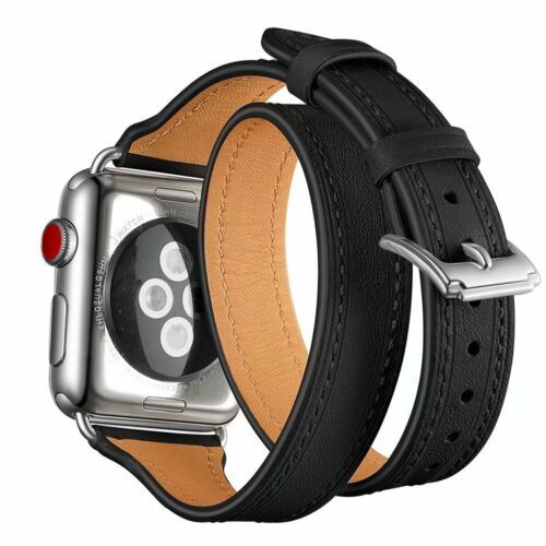 Double loop leather watch strap Black