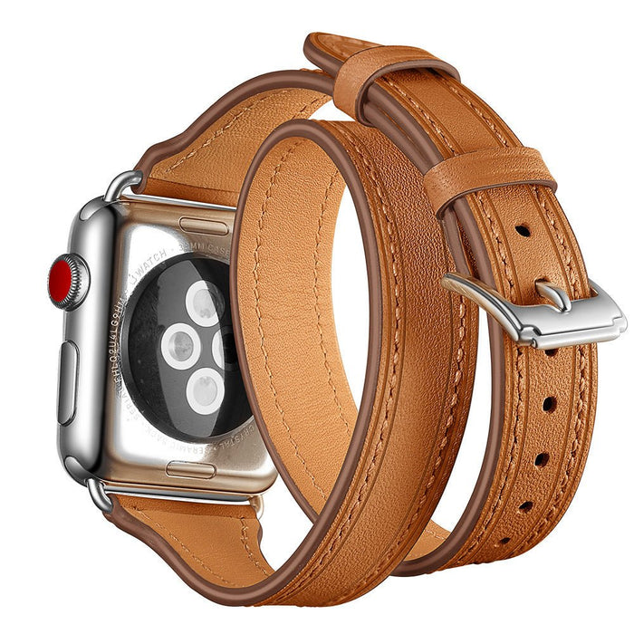 Double loop leather watch strap Brown
