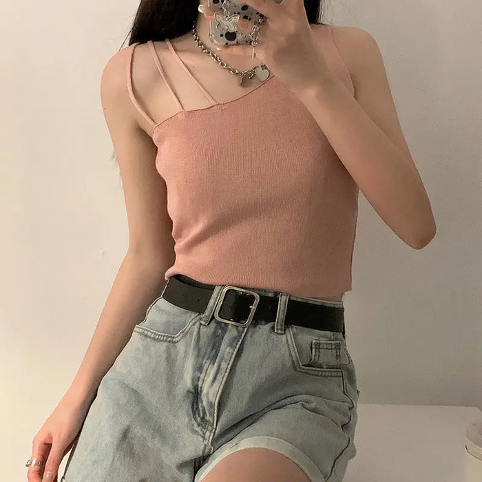 Sexy slanted shoulders crop tops Pink One size