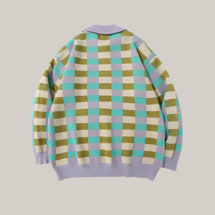 Checkered Polo Collar Sweater For Men Purple