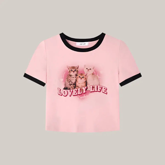 Lovely Cartoon Print Crop T-shirts Female Pink