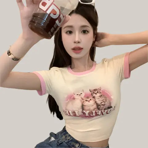 Lovely Cartoon Print Crop T-shirts Female