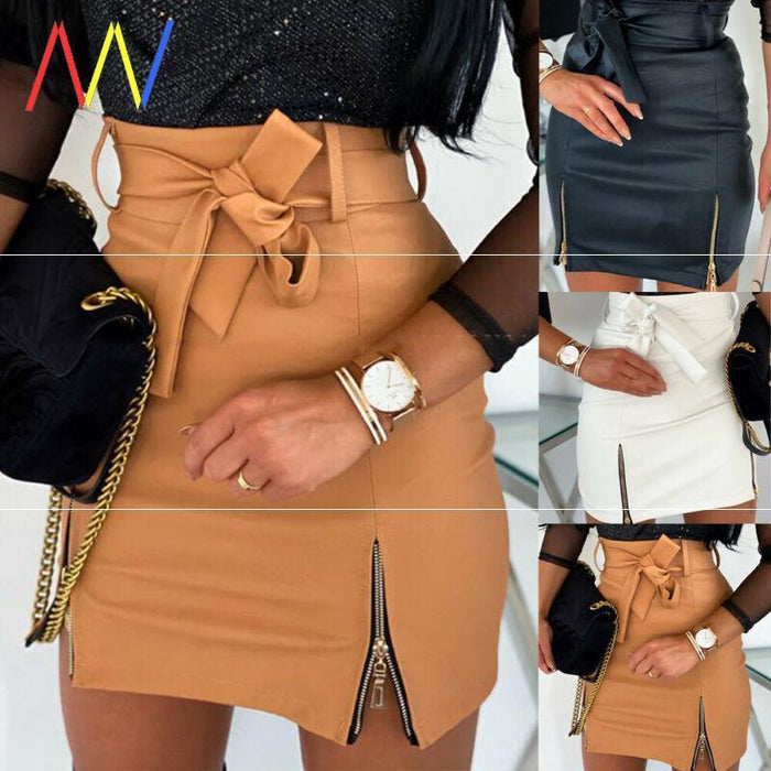 Women Bandage PU Leather Skirt