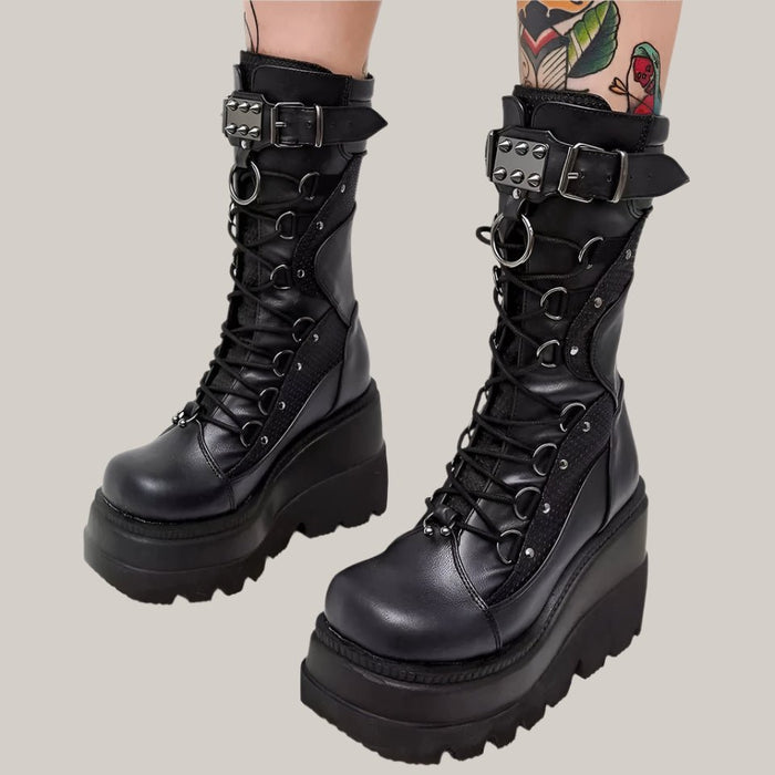 Lace-Up Combat Boot Motorcycle Black Bucke Chunky Boots For Women Winter Shoes Black
