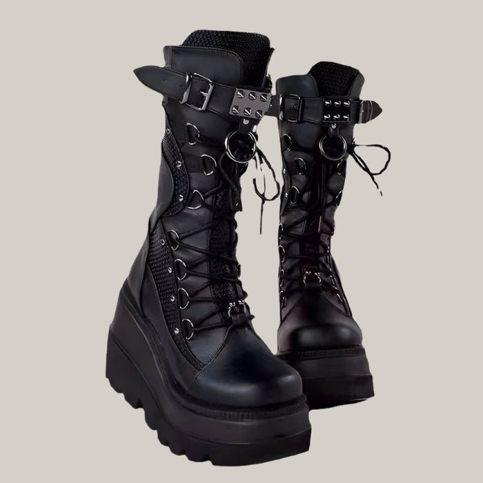 Lace-Up Combat Boot Motorcycle Black Bucke Chunky Boots For Women Winter Shoes