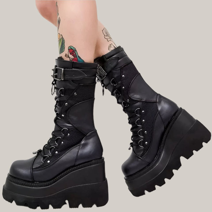 Lace-Up Combat Boot Motorcycle Black Bucke Chunky Boots For Women Winter Shoes